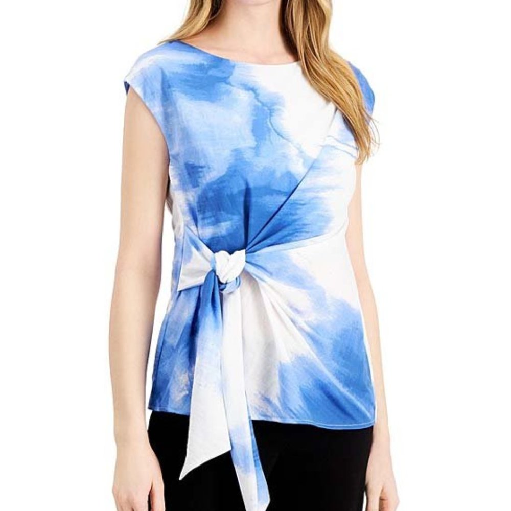 NWT Alfani| Navy Tie-Dye Side-Tie Cap-Sleeve Top - M